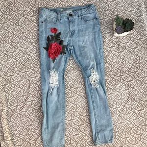 Machine Rose Patch Distressed Stretchy Jeans